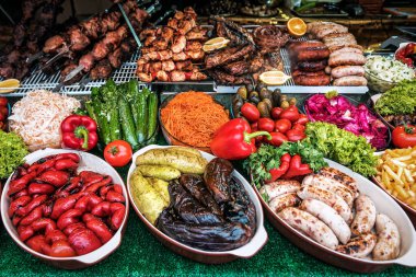 grilled meat and vegetables at the fair