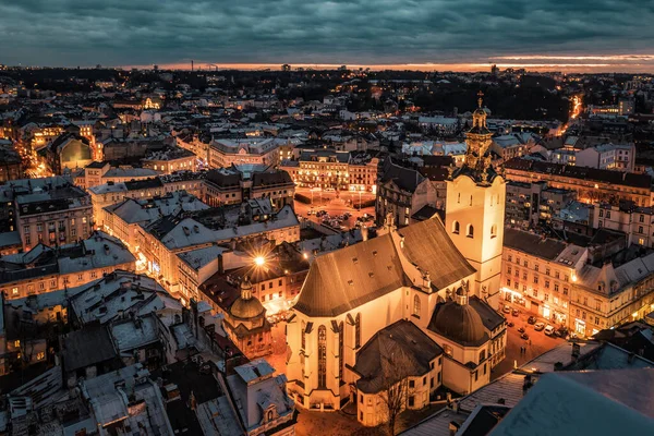 beautiful landscape with photography of night evening Lviv city