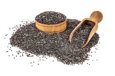 healthy chia seeds with wooden scoop isolated on white