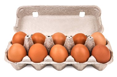 ten eggs in a paper tray box, egg carton isolated on white