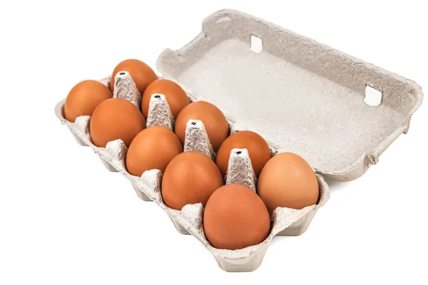 Ten Eggs Paper Tray Box Egg Carton Isolated White — Stock Photo, Image