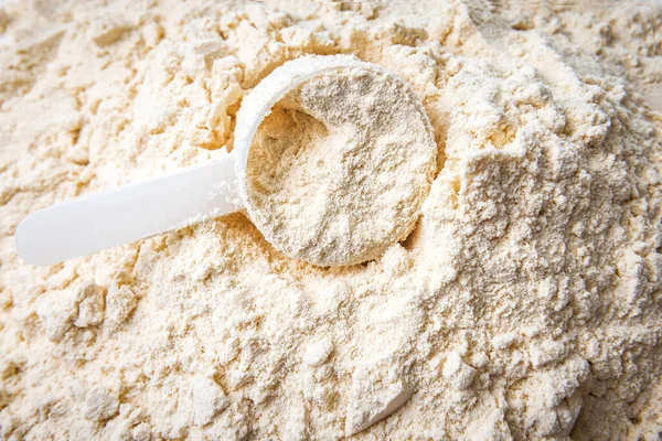 Plastic Spoon Scoop Vanilla Whey Protein Powder — Stock Photo, Image