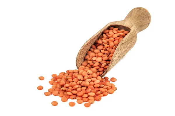 Red Lentils Wooden Scoop Isolated White — Stok fotoğraf