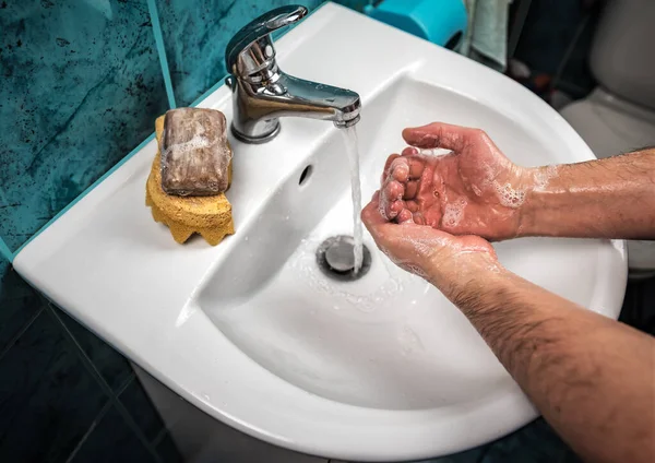 Soapy Hand Washbasin Piece Brown Natural Soap — Stock Photo, Image