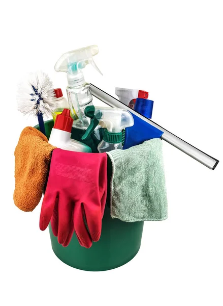 Various Bottles Cleaning Products Detergents Bucket Isolated White — Stock Photo, Image