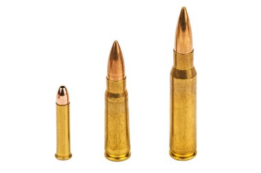 cartridges bullets of different caliber isolated on white