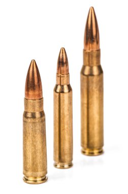 different caliber of rifle bullets isolated on white