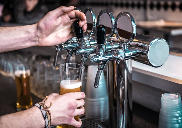 Profesjonalny Barman Wlewa Świeże Piwo Szklanki Obrazek Stockowy