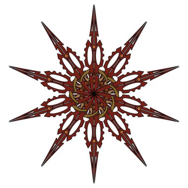 Vektör Mandala, yuvarlak geometrik süsleme, stilize çiçek desenli. İzole tasarım öğesi beyaz bir arka plan üzerinde renkli. Renkli dairesel sanat motifi, çizgi