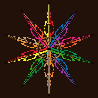 Vektör Mandala, yuvarlak geometrik süsleme, stilize çiçek desenli. İzole tasarım öğesi beyaz bir arka plan üzerinde renkli. Renkli dairesel sanat motifi, çizgi