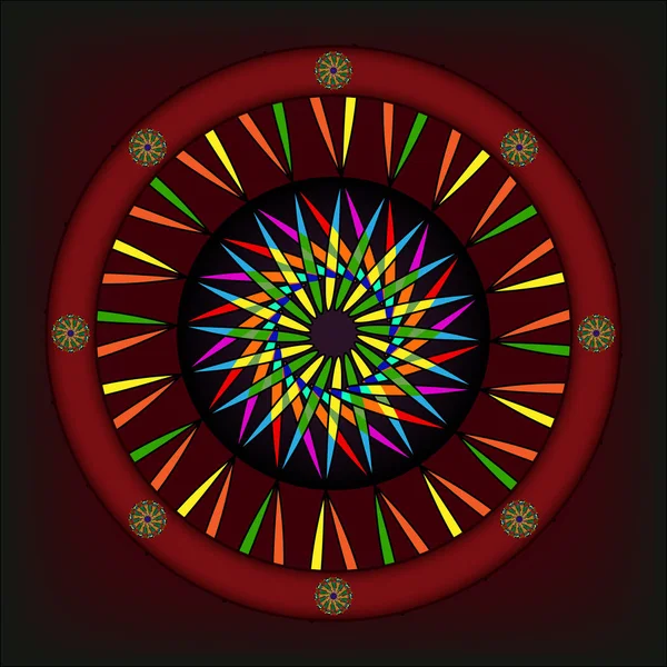 Векторная мандала, круглый геометрический орнамент, стилизованный цветочный узор. Изолированный элемент дизайна, красочный на белом фоне. Циркулярный мотив абстрактного цвета, линия — стоковый вектор