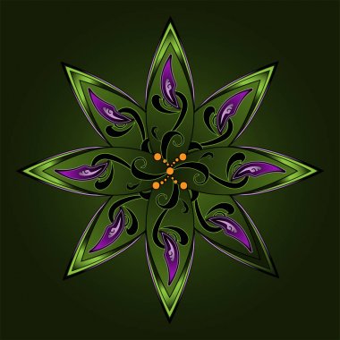 Yeşil mor aksan ve Sarı noktalar ortasındaki yeşil bir arka plan üzerinde çiçek.