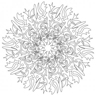 Vektör Mandala, yuvarlak geometrik süsleme, stilize çiçek desenli. İzole tasarım öğesi beyaz bir arka plan üzerinde renkli. Renkli dairesel sanat motifi, çizgi