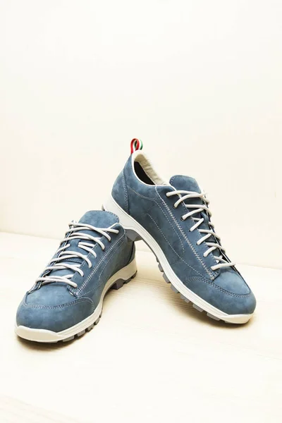 Men Shoes Blue Suede White Laces — Stock Photo, Image