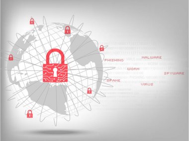 Siber güvenlik kavramı: Kapalı asma kilit korumak dünya küresel ağ ikili kod beyaz arka plan üzerinde.