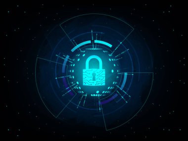 Siber güvenlik kavramı: Kapalı asma kilit fütüristik arka plan üzerinde.