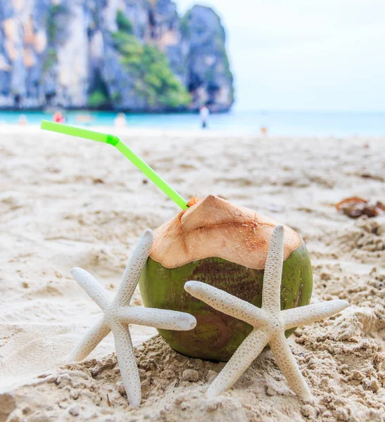 Coconut with starfish on beach — Stock Photo, Image