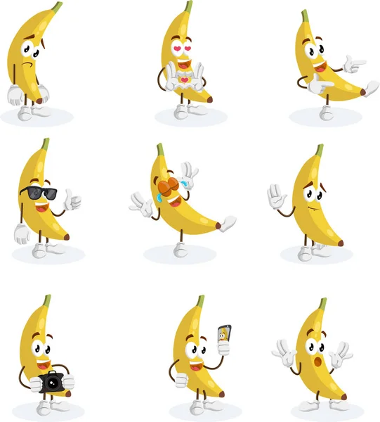 Tutti Insieme Banana Logo Mascotte Con Stile Design Piatto Vostro — Vettoriale Stock