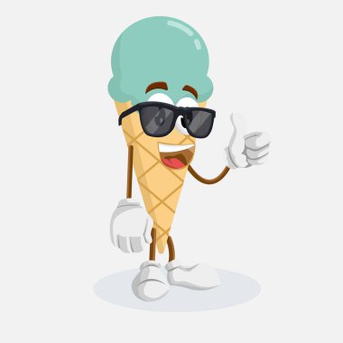 Logo veya maskotu marka düz tasarım stili ile dondurma maskotu ve arka plan başparmak poz