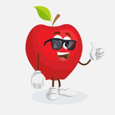 Kırmızı elma maskotu ve arka plan başparmak düz tasarım stili için logo veya marka maskot pozuyla