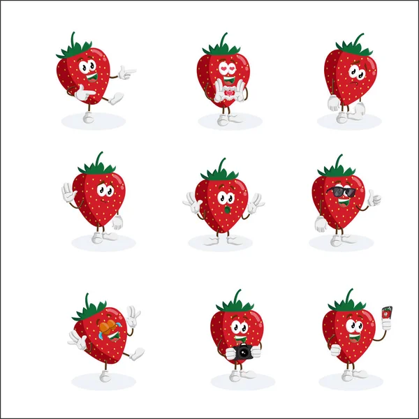 Todo Conjunto Strawberry Logo Mascota Fondo Con Estilo Diseño Plano — Vector de stock