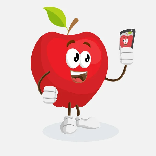 Red Apple Mascotte Achtergrond Met Selfie Poseren Met Platte Designstijl — Stockvector