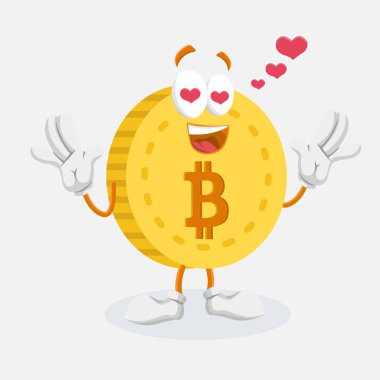 Bitcoin Logo maskotu ve arka planda aşk poz logo veya maskotu marka düz tasarım stili ile