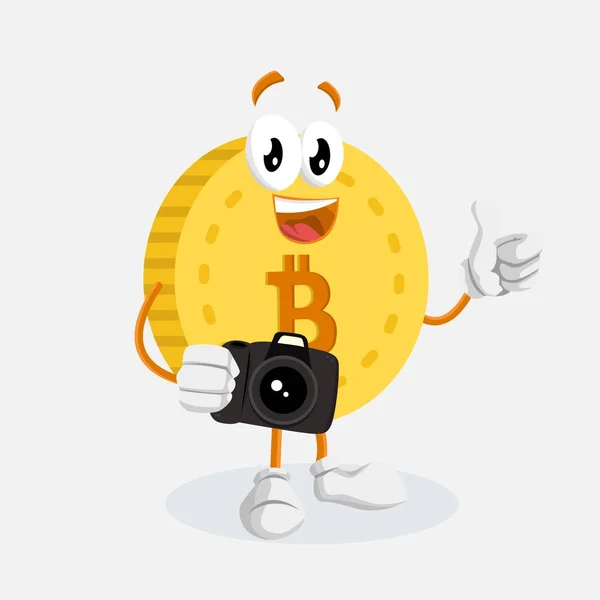 Mascotte Arrière Plan Bitcoin Logo Avec Pose Caméra Avec Style — Image vectorielle