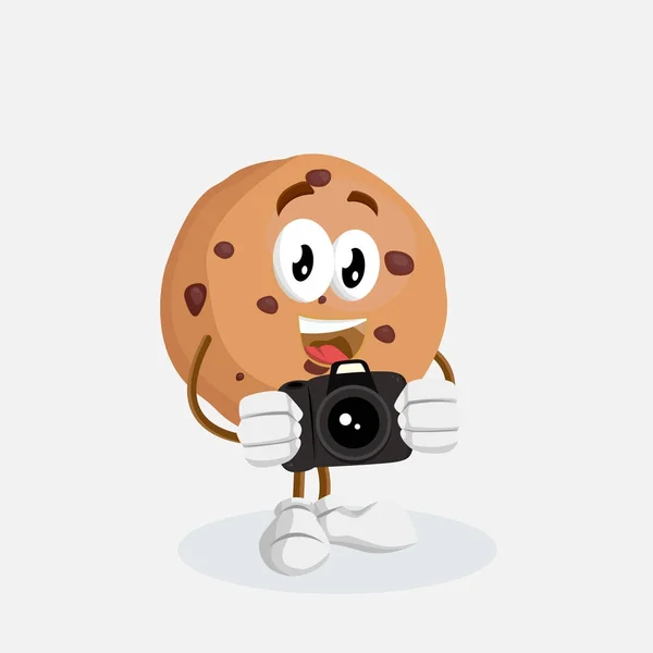 Cookies Mascotte Achtergrond Met Camera Poseren Met Platte Designstijl Voor — Stockvector