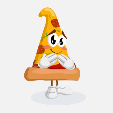 Markanızı maskot için düz tasarım stili ile pizza maskotu ve arka plan utanmış poz.