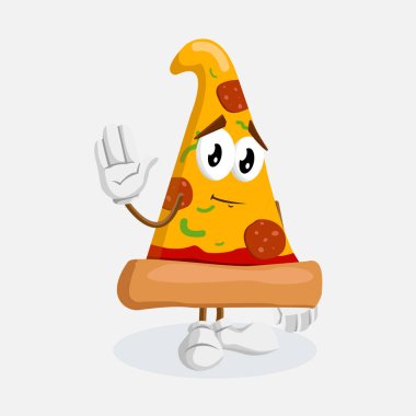 Markanızı maskot için düz tasarım stili ile pizza maskotu ve arka plan elveda poz.