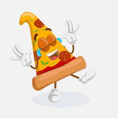 Markanızı maskot için düz tasarım stili ile pizza maskotu ve arka plan mutlu poz.