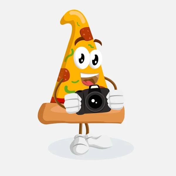 Pizza maskotu ve markanızı maskot için düz tasarım stili ile kamera poz ile arka plan.