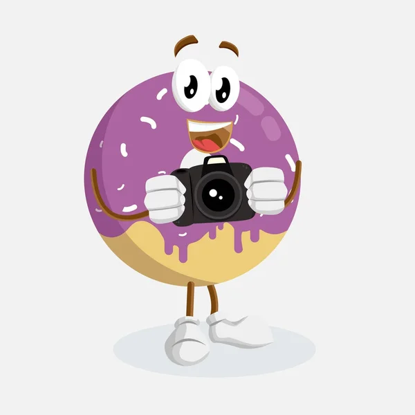 Mascotte Beignet Fond Avec Pose Caméra Avec Style Design Plat — Image vectorielle