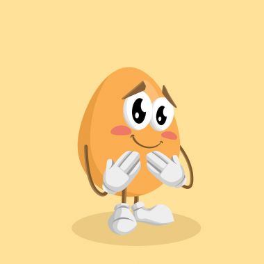 Markanızı maskot için düz tasarım stili ile yumurta maskotu ve arka plan utanmış poz.