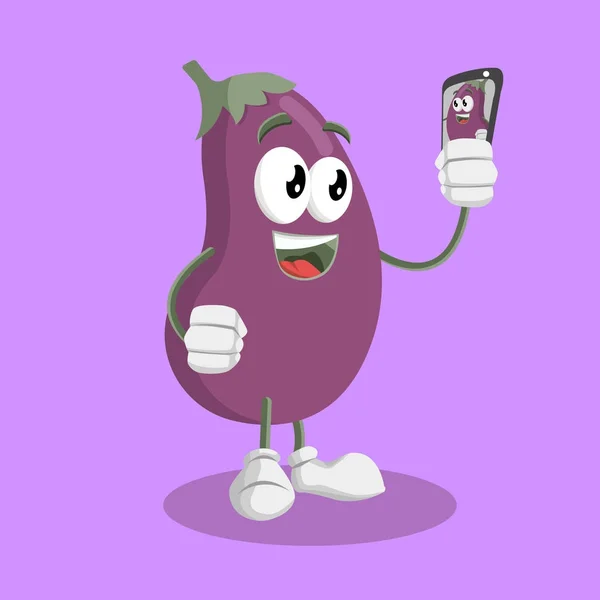 Mascotte Aubergine Fond Avec Pose Selfie Avec Style Design Plat — Image vectorielle