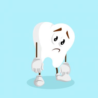 Markanızı maskot için düz tasarım stili ile diş maskotu ve arka plan üzgün poz.