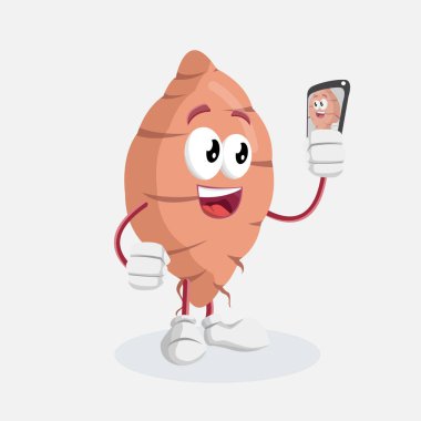 Yam maskotu ve markanızı maskot için düz tasarım stili ile selfie poz ile arka plan.