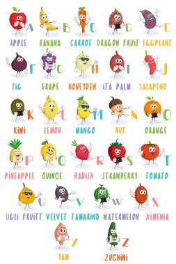 Alfabe meyve maskotu ve markanızı maskot için düz tasarım stili ile arka plan.