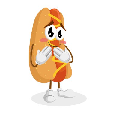 Hotdog maskotu ve arka plan utanmış poz markanızı maskot için düz tasarım stili ile.