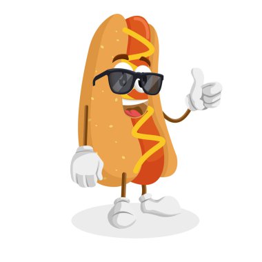 Hotdog maskotu ve arka plan başparmak poz markanızı maskot için düz tasarım stili ile.