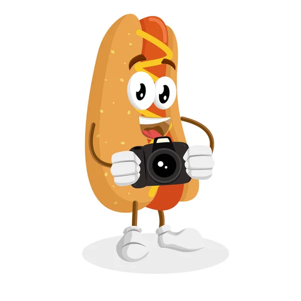 Mascota Hotdog Cámara Fondo Posan Con Estilo Diseño Plano Para — Vector de stock
