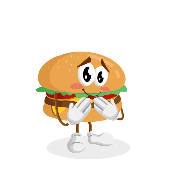 Markanızı maskot için düz tasarım stili ile Burger maskotu ve arka plan utanmış poz.