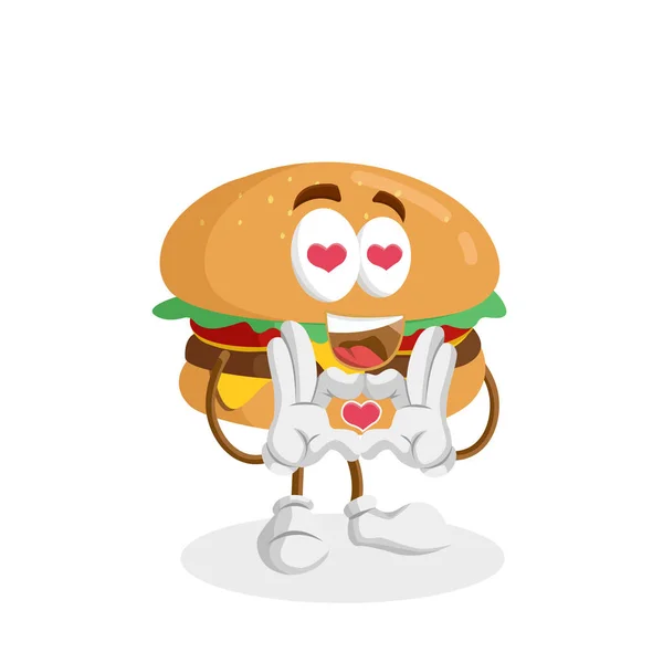 Markanızı maskot için düz tasarım stili ile Burger maskotu ve arka planda aşk poz.