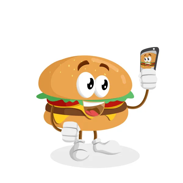 Markanızı maskot için düz tasarım stili ile Burger maskotu ve arka plan ile selfie poz.