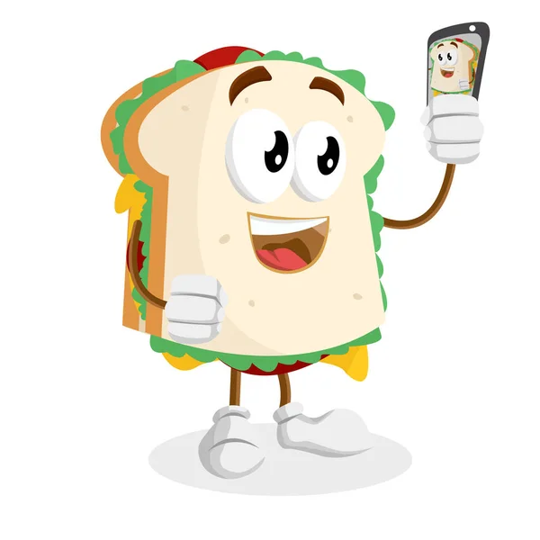 Mascotte Sandwich Fond Avec Pose Selfie Avec Style Design Plat — Image vectorielle