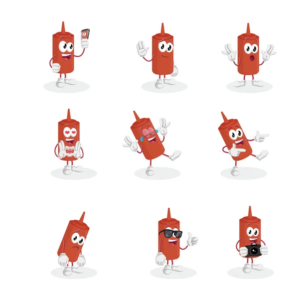 Cały Zestaw Maskotka Ketchup Tła Marki Maskotka Styl Płaska Konstrukcja — Wektor stockowy