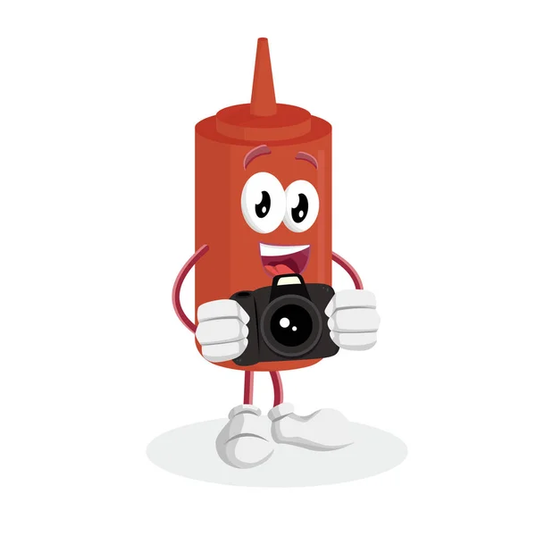 Ketchup Maskot Och Bakgrund Med Kameran Posera Med Platt Designstil — Stock vektor