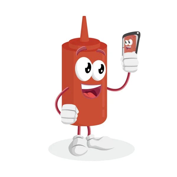 Ketchup Mascotte Achtergrond Met Selfie Poseren Met Platte Designstijl Voor — Stockvector