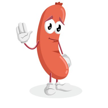 Markanızı maskot için düz tasarım stili ile sosis maskotu ve arka plan elveda poz.